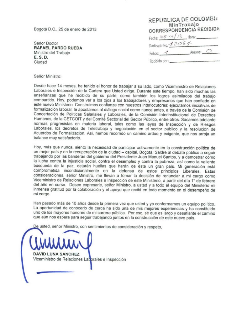 Carta Dirigida Al Se Or Ministro De Trabajo David Luna